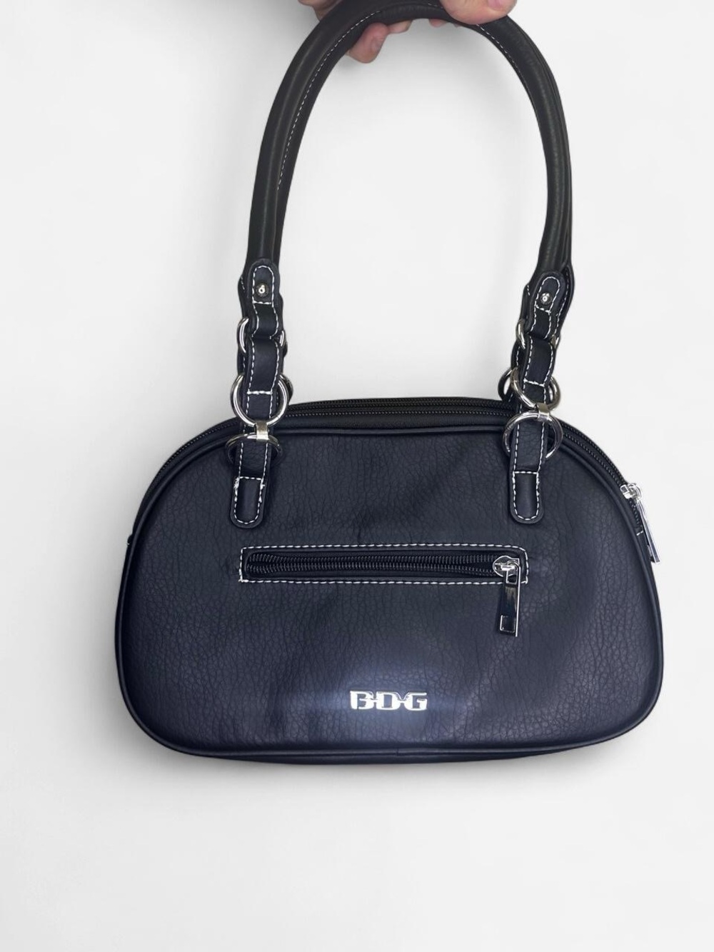 NWT BDG Black Vegan Leather Double-Handle Bowler Shoulder Bag Silver Hardware